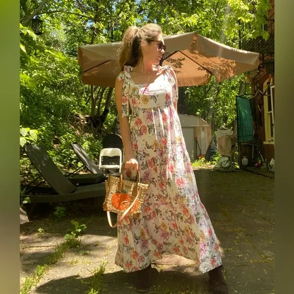 House of Harlow 1960 Dress Floral Linen Tier Bow Tie Shoulders Sz M - Picture 14 of 16